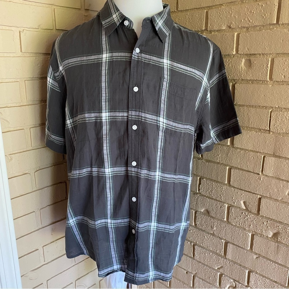 The Normal Brand Casual Shirt Button Plaid Outdoor Short Sleeve Pocket Gray XL